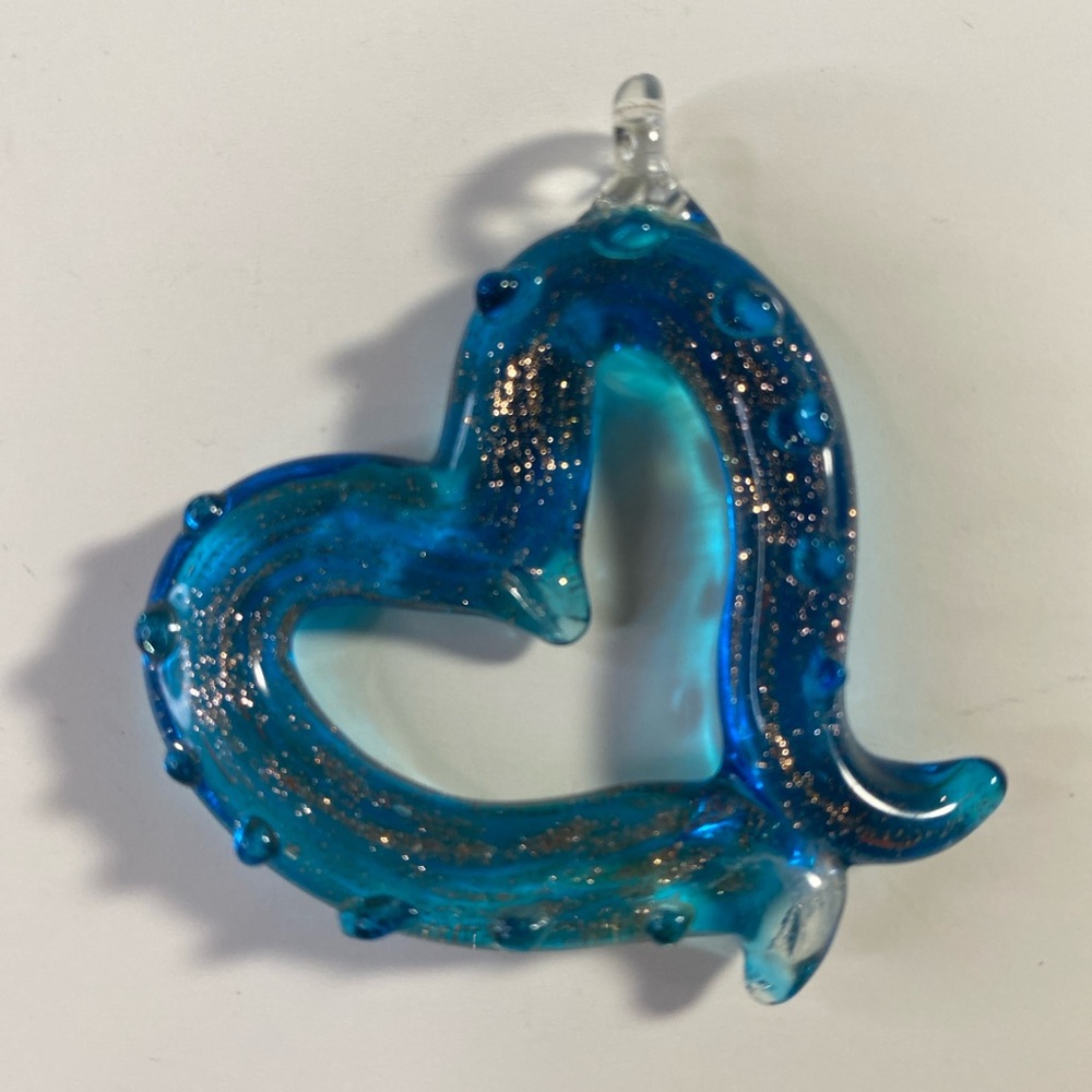 Vintage Murano-Style Blue Art Glass Heart Pendant with Gold Flecks